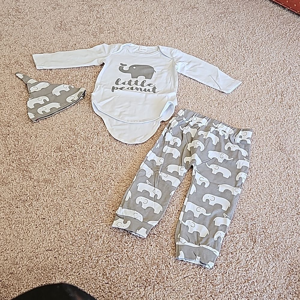 NWOT  Cotton elephant print onesie with matching pants and hat.